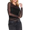 CUPSHE Womens Long Sleeves Mesh Sheer Contrast Lace Casual Blouse Top Shirts(Black)