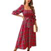 CUPSHE Women’s Maxi Dresses Square Neck Plaid Smocked Belted Ruffled Casual Half Trumpet Sleeve A Line Long Party Dress(Red Plaid)