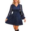 CUPSHE Women’s Mini Dresses Casual Floral Lace Tie Neck Long Lantern Sleeves Elastic Waist A-Line Flowy Dress(Navy)