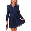 CUPSHE Womens Mini Dresses V Neck Long Sleeve Ruffled Hollow Out Lace Casual Fall Outfit Party Short Weddding Guest Dress(Navy Blue)
