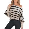 CUPSHE Womens Off The Shoulder Sweater Boat Neck Batwing Sleeve Sweaters Fall Casual Fit Striped Sweater Tops(Black Beige)
