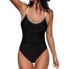 CUPSHE Women’s One Piece Swimsuit Bathing Suit Scoop Neck Back Tie Shell Stitch Ruched Swimwear(Black/Beige)