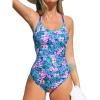CUPSHE Women’s One Piece Swimsuit Bathing Suit Scoop Neck Back Tie Shell Stitch Ruched Swimwear(Blue/Pink Floral)