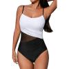 CUPSHE Women’s One Piece Swimsuit Bathing Suit Scoop Neck Cutout Back Hook Color Block Mesh Swimwear(Black/White)