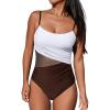 CUPSHE Women’s One Piece Swimsuit Bathing Suit Scoop Neck Cutout Back Hook Color Block Mesh Swimwear(Dark Brown/White)