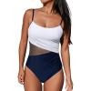 CUPSHE Women’s One Piece Swimsuit Bathing Suit Scoop Neck Cutout Back Hook Color Block Mesh Swimwear(Navy Blue/White)