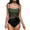 CUPSHE Women’s One Piece Swimsuit Bathing Suit Scoop Neck Cutout Back Hook Color Block Mesh Swimwear(Olive Green/Black)