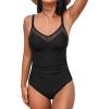CUPSHE Women’s One Piece Swimsuit Bathing Suit V Neck Back Hook Cutout Adjustable Straps Ruched Mesh(Black)