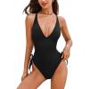 CUPSHE Women’s One Piece Swimsuit Bathing Suit V Neck Crisscross Back Self Tie Drawstring Cheeky Textured(Black)