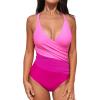 CUPSHE Women’s One Piece Swimsuit Bathing Suit V Neck Ruched Crisscross Back Self Tie Color Block(Magenta/Pink)