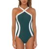 CUPSHE Women’s One Piece Swimsuit Cross Front High Neck Bathing Suit Adjustable Straps Color Block Swimwear(Emerald Green/White)