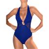 CUPSHE Women’s One Piece Swimsuit Halter Plunging Deep V Neck Side Mesh Panel Bathing Suit Textured Fabric(Royal Blue)
