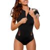 CUPSHE Women’s One Piece Swimsuit Mock Neck Short Sleeve Zipper Front Bathing Suit Rash Guard(Black/Tropical)