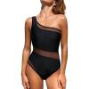 CUPSHE Women’s One Piece Swimsuit One Shoulder Asymmetrical Neck Open Panel Bathing Suit Mesh Panel(Black)