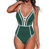 CUPSHE Women’s One Piece Swimsuit Plunging V Neck Bathing Suit Crisscross Back Tie Slimming Color Block(Green/White)