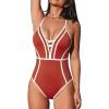 CUPSHE Women’s One Piece Swimsuit Plunging V Neck Bathing Suit Crisscross Back Tie Slimming Color Block(Red/White)