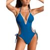 CUPSHE Women’s One Piece Swimsuit Plunging V Neck Shell Stitch Bathing Suit Adjustable Halter Self Tie Lace Monokini(Vintage Blue)