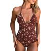 CUPSHE Women’s One Piece Swimsuit Plunging V Neck Shell Stitch Bathing Suit Halter Self Tie Adjustable O Ring(Brown/Beige Floral)