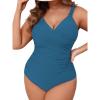 CUPSHE Women‘s One Piece Swimsuit Plus Size Tummy Control V Neck Bathing Suit Curvy Cutout Slimming(Slate Blue)