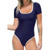 CUPSHE Women’s One Piece Swimsuit Quick Dry Rashguard Bathing Suit Short Sleeve Square Neck Color Block Back Zipper(Navy Blue)