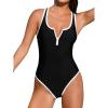 CUPSHE Women’s One Piece Swimsuit Scoop Neck Front Zipper Bathing Suit Racer Back Wide Straps Color Blocked Trim(Black/White)