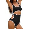 CUPSHE Women’s One Piece Swimsuit Scoop Neck Monokini Cutouts Bathing Suit Back Hook Wide Straps Color Block(Black/White)