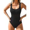 CUPSHE Women’s One Piece Swimsuit Scoop Neck Textured Bathing Suit Cutouts Low Back Swimwear Wide Straps(Black)