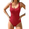 CUPSHE Women’s One Piece Swimsuit Scoop Neck Textured Bathing Suit Cutouts Low Back Swimwear Wide Straps(Red)