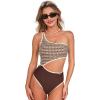 CUPSHE Women’s One Piece Swimsuit Sexy Cutout One Shoulder Asymmetric Bathing Suit Color Block Adjustable Straps(Brown/Sandy Geo)
