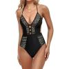 CUPSHE Women’s One Piece Swimsuit Sexy Deep V Neck Bathing Suit Mesh Cutout Crisscross Back Self tie(Black)