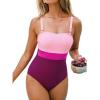 CUPSHE Women’s One Piece Swimsuit Square Neck Adjustable Straps Bathing Suit Back Hook Color Block(Pink/Plum Colorblock)
