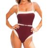 CUPSHE Women’s One Piece Swimsuit Square Neck Bathing Suit Color Block Crisscross Back Cutout Adjustable Straps Self Tie(Wine Red/Beige)