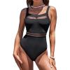 CUPSHE Women’s One Piece Swimsuit Square Neck Bathing Suit Cutout Back Mesh Front Adjustable Wide Straps Textured(Black)
