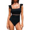 CUPSHE Women’s One Piece Swimsuit Square Neck Ruffled Bathing Suit Stitching Cutout Adjustable Straps Self Tie Textured(Black)