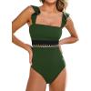 CUPSHE Women’s One Piece Swimsuit Square Neck Ruffled Bathing Suit Stitching Cutout Adjustable Straps Self Tie Textured(Olive Green)