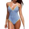 CUPSHE Women’s One Piece Swimsuit V Neck Bathing Suit Adjustable Strappy Swimwear Shell Stitch(Blue Gingham/Yellow)