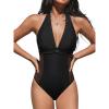 CUPSHE Women’s One Piece Swimsuit V Neck Bathing Suit Mesh Halter Straps Adjustable Self Tie Swimwear Cutouts(Black)