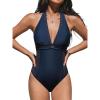 CUPSHE Women’s One Piece Swimsuit V Neck Bathing Suit Mesh Halter Straps Adjustable Self Tie Swimwear Cutouts(Navy Blue)