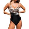 CUPSHE Women’s One Piece Swimsuit V Neck Bathing Suits Color Block Cutout Ruching Back Self Tie O Ring(Animal/Black)