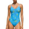 CUPSHE Women’s One Piece Swimsuit V Neck Bathing Suits Low Back Tie Ruching Adjustable Straps Swimwear(Sky Blue/Yellow Floral)