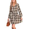 CUPSHE Women’s Plaid Fall Dresses Collared Long Sleeve Belted Tie Front Button Up Shirt Mini Dress(Brown)