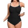 CUPSHE Women’s Plus Size One Piece Swimsuit Curvy Shell Stitched Bathing Suit Tummy Control Ruched Scoop Neck Swimwear(Black)
