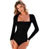 CUPSHE Women’s Rash Guard Long Sleeve One Piece Swimsuit Square Neck Open Back Tie Scalloped(Black)