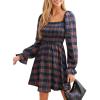CUPSHE Women’s Red Plaid Ruffle Cuff Fall Dress Square Neck Long Puff Sleeve Smocked Bodice Casual Mini Autumn Dresses(Navy Blue)