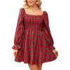 CUPSHE Women’s Red Plaid Ruffle Cuff Fall Dress Square Neck Long Puff Sleeve Smocked Bodice Casual Mini Autumn Dresses(Red)