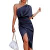 CUPSHE Women’s Satin Dress Backless One Shoulder Short Sleeves Midi High Low Hem Cocktail Party Dress(Navy)