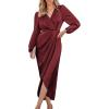 CUPSHE Women’s Satin Long Sleeve Midi Dress V Neck Wrap Elegant Cocktail Party Work Dresses(Red)