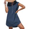 CUPSHE Womens Sleeveless Swimsuit Coverup Cotton Collared V Neck Beach Cover Ups Summer Mini Dress(Navy Blue)