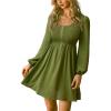 CUPSHE Womens Smocked Mini Dress Round Neck Long Sleeves Fall Casual Ruffle Dress(Green)