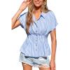 CUPSHE Womens Striped Button Down Collared Shirts Short Sleeve Pleated Peplum Tops Summer Business Casual Blouses 2026(Blue)